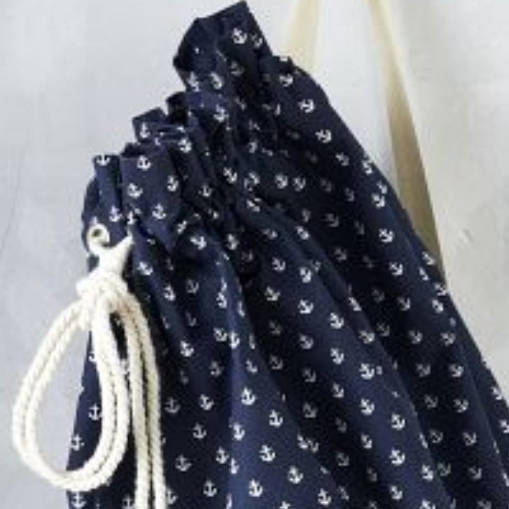 New! WEST ELM Canvas Laundry Bag with Shoulder Strap - Navy with Anchor Motif